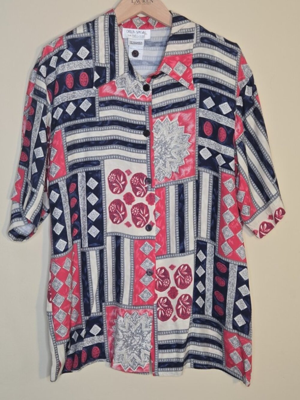 Della‎ Spiga Tall Girl Vintage Geometric Patchwork Shoulder Pad Blouse 16